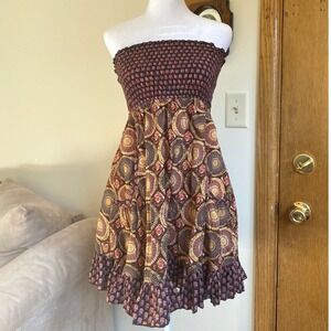 Y2K Smocked Ruffle Brown Mini Dress Small Boho Hippie Indie Sleaze Feminine 90s